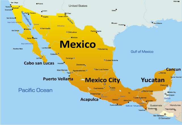 Mexico Map Showing Attractions & Accommodation